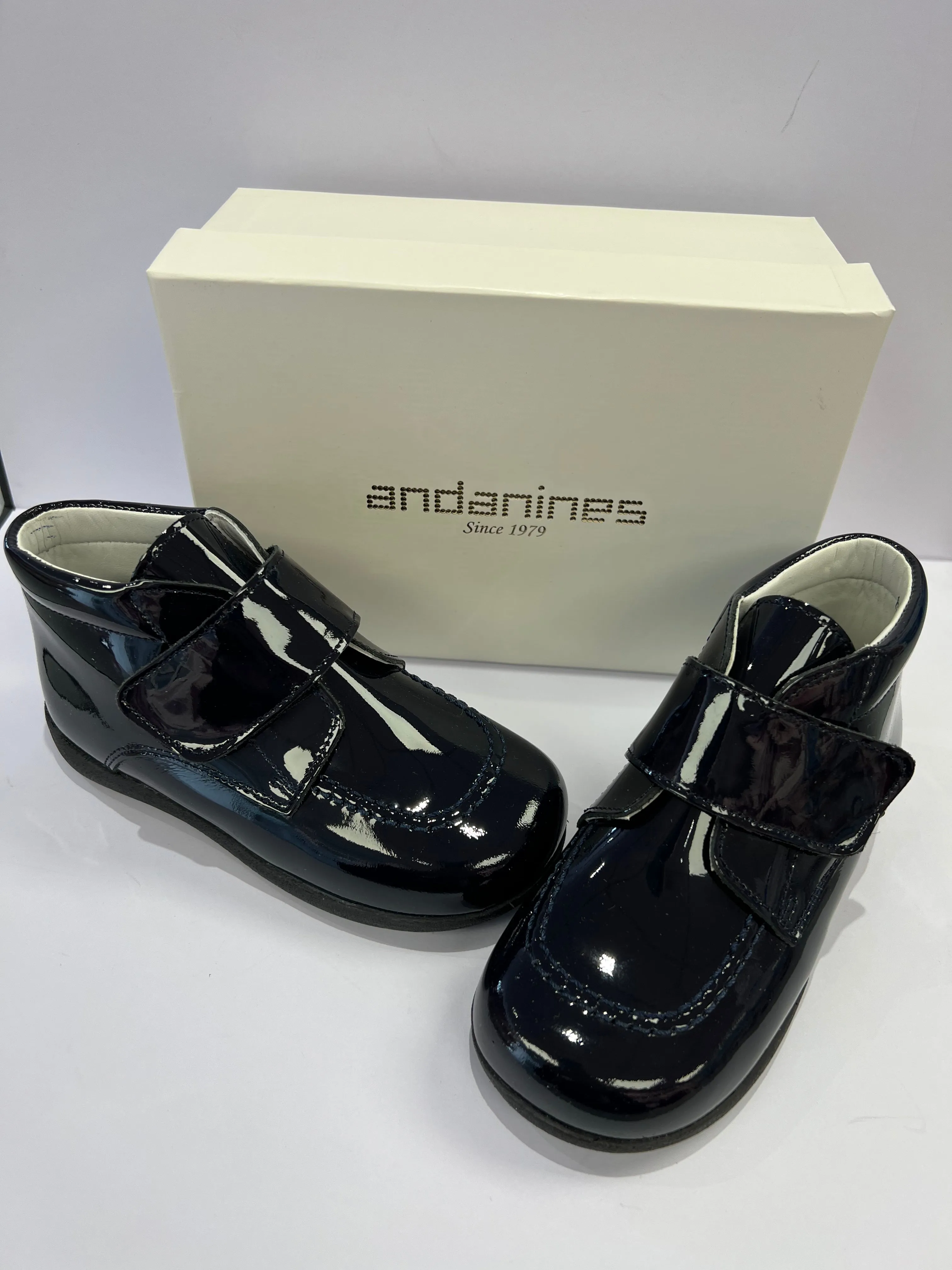 172833  Navy Patent Velcro Boot by Andanines