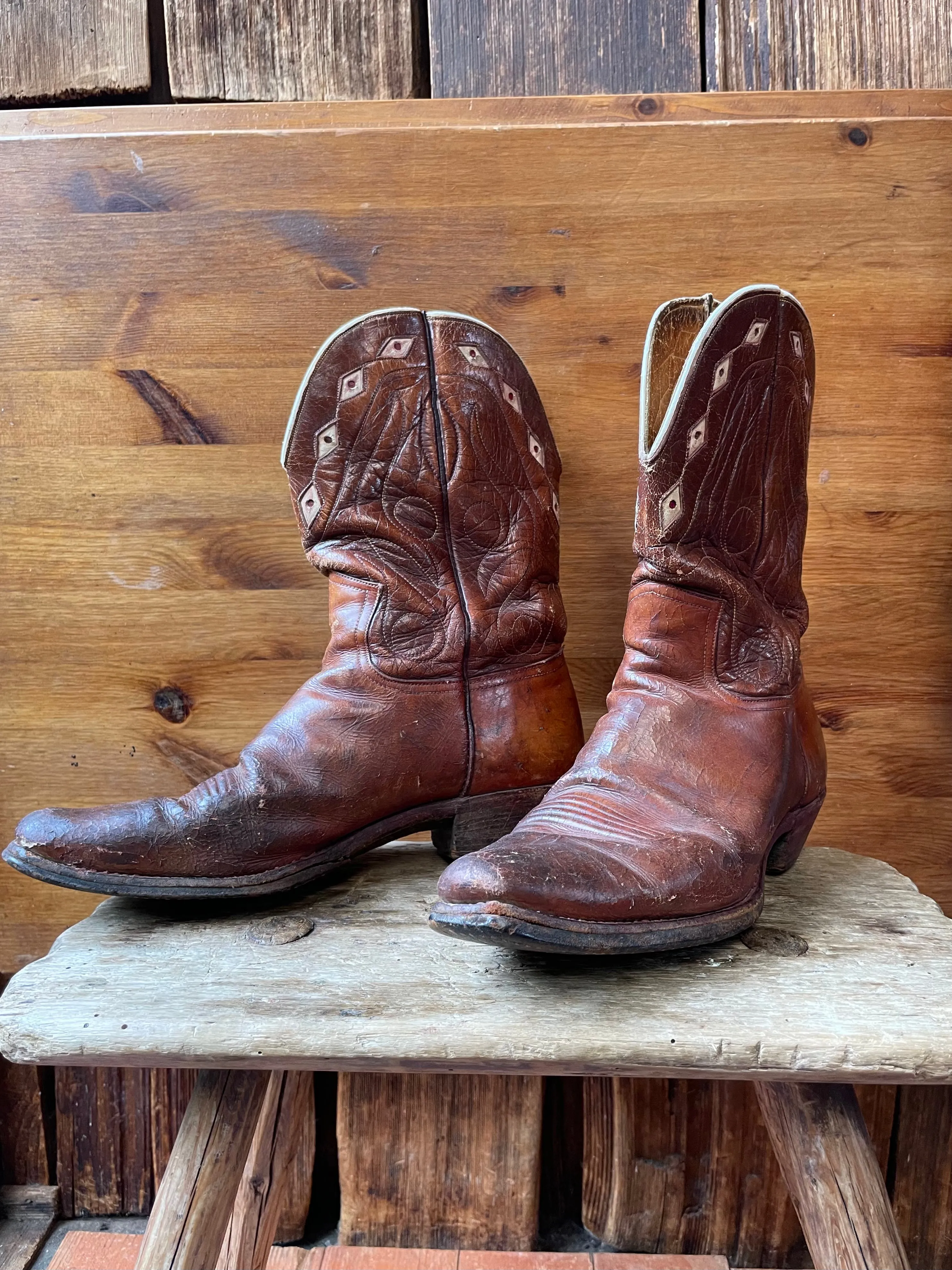 1940s Inlay Leather Pull Tab PeeWee Cowboy Boots