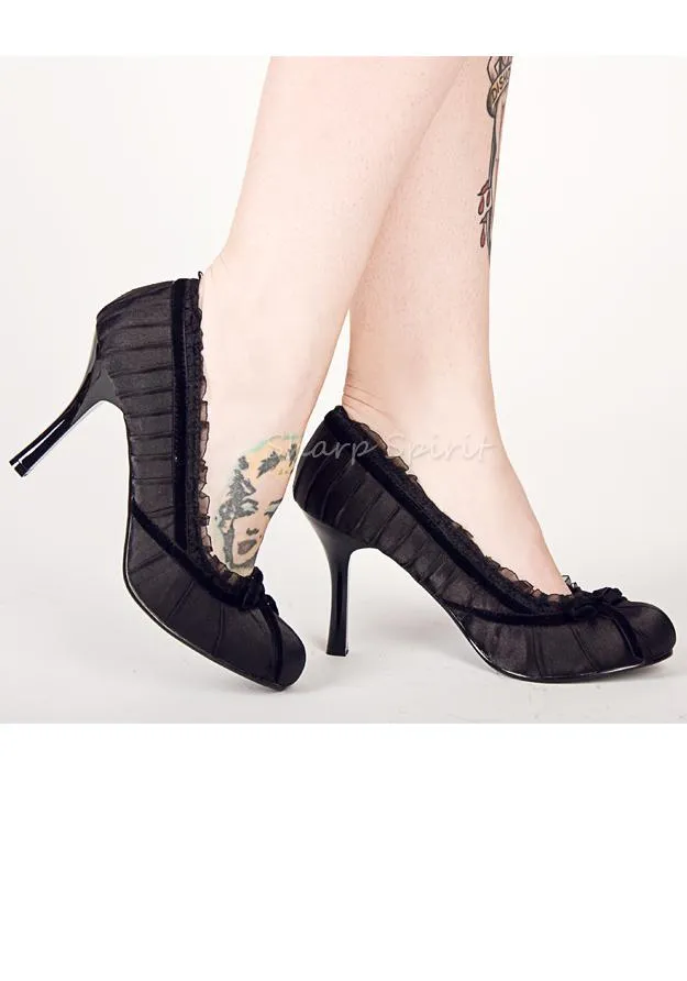 4 Heel Satin Pump With Velvet Bow.