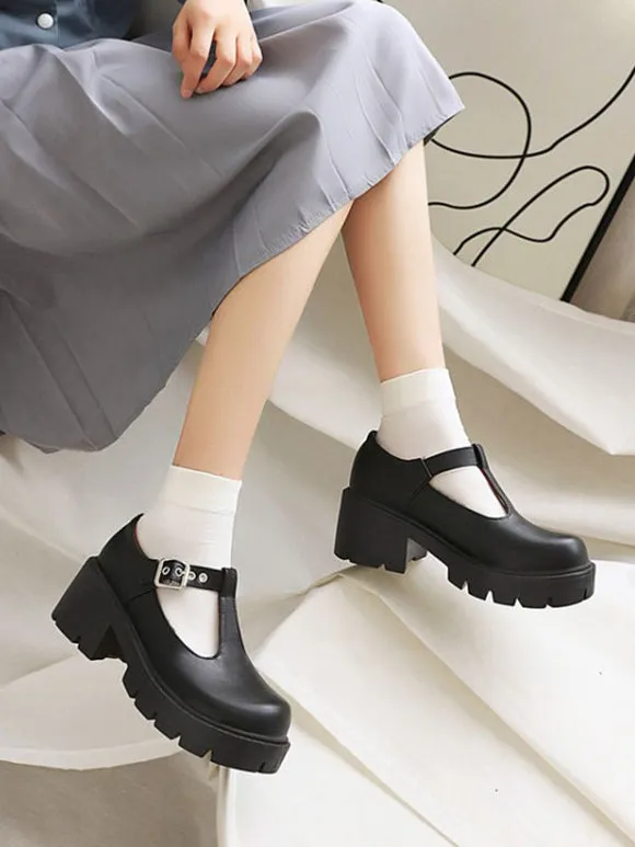 Academic Lolita Footwear Black PU Leather Chunky Heel Lolita Pumps
