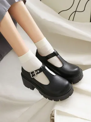 Academic Lolita Footwear Black PU Leather Chunky Heel Lolita Pumps