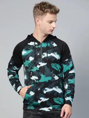Alcis Men Navy Blue Black Camouflage Printed Hooded Sweatshirt