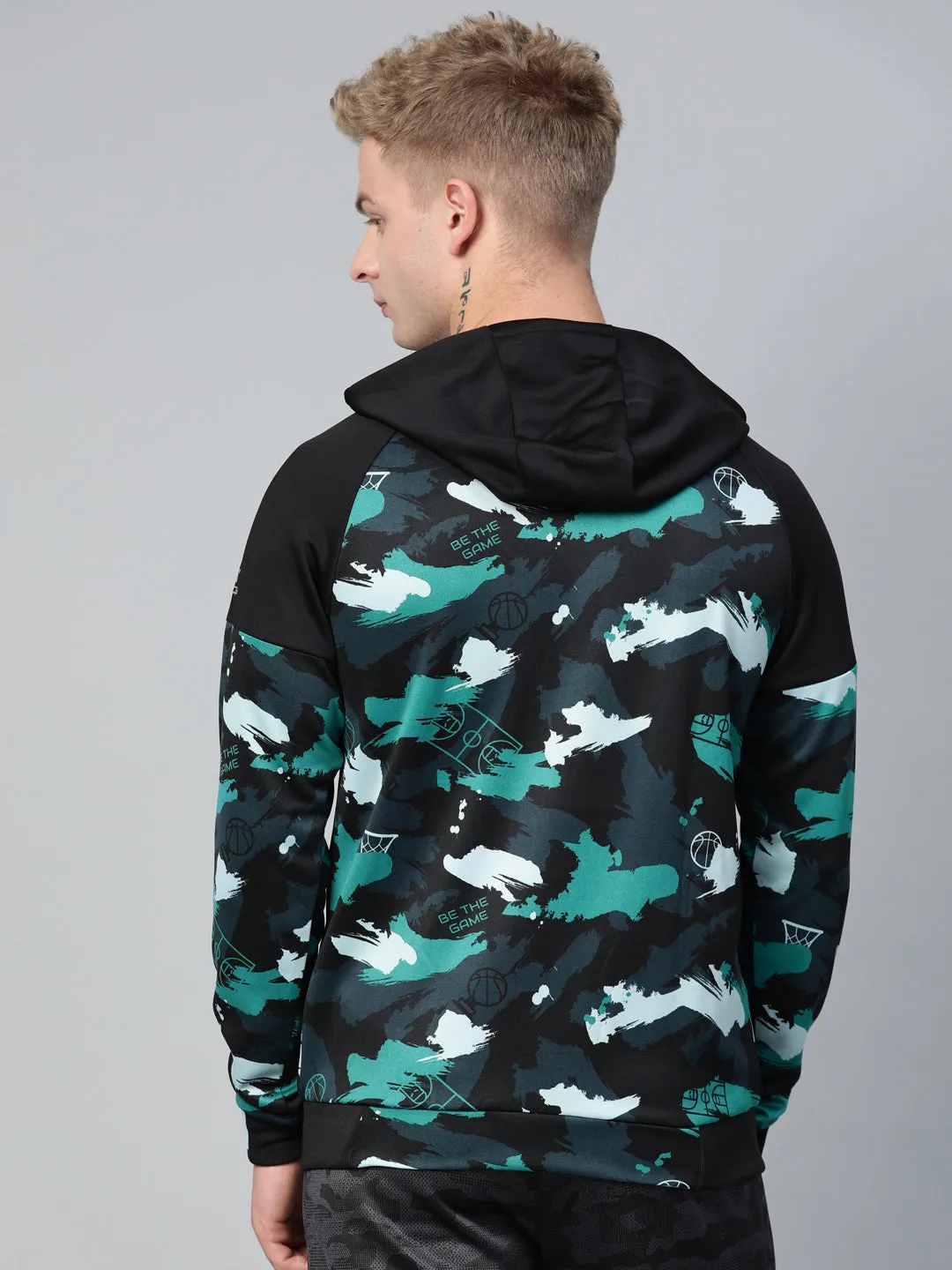 Alcis Men Navy Blue Black Camouflage Printed Hooded Sweatshirt