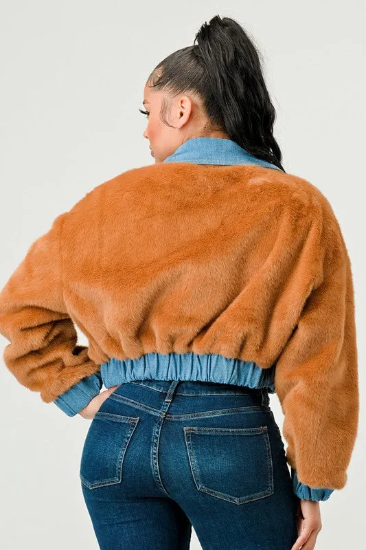 Athina CASUAL DENIM CONTRAST FUR CROP JACKET