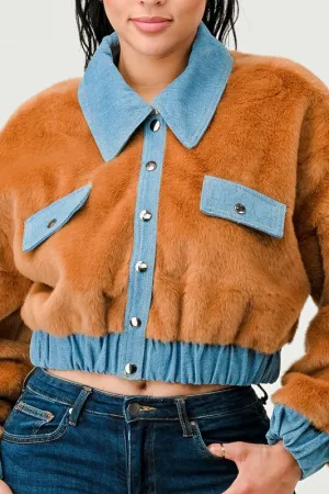 Athina CASUAL DENIM CONTRAST FUR CROP JACKET