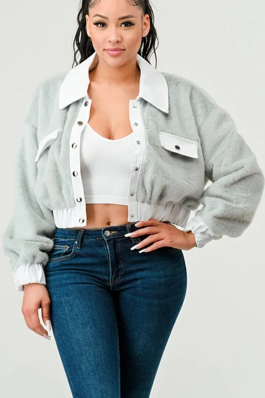 Athina CASUAL DENIM CONTRAST FUR CROP JACKET