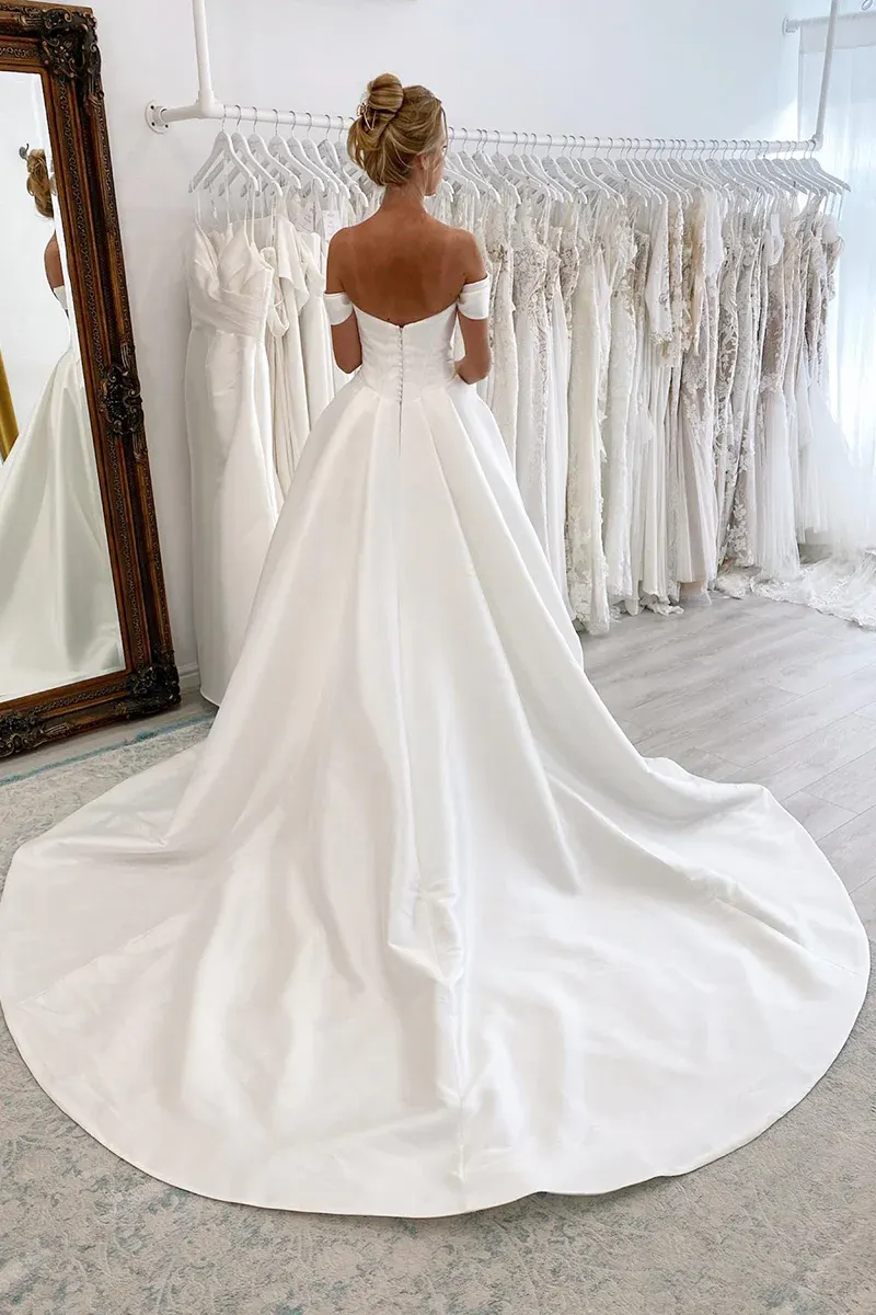 Ball Gown Off the Shoulder Satin Simple Wedding Dress Bridal Gown TN365
