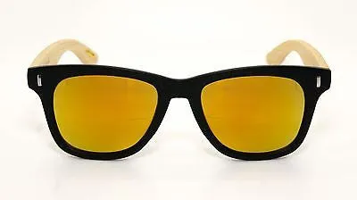 Bamboo Wooden Frame Mirror Lenses Wayfarer Sunglasses-Black & Wooden/100% UV 400
