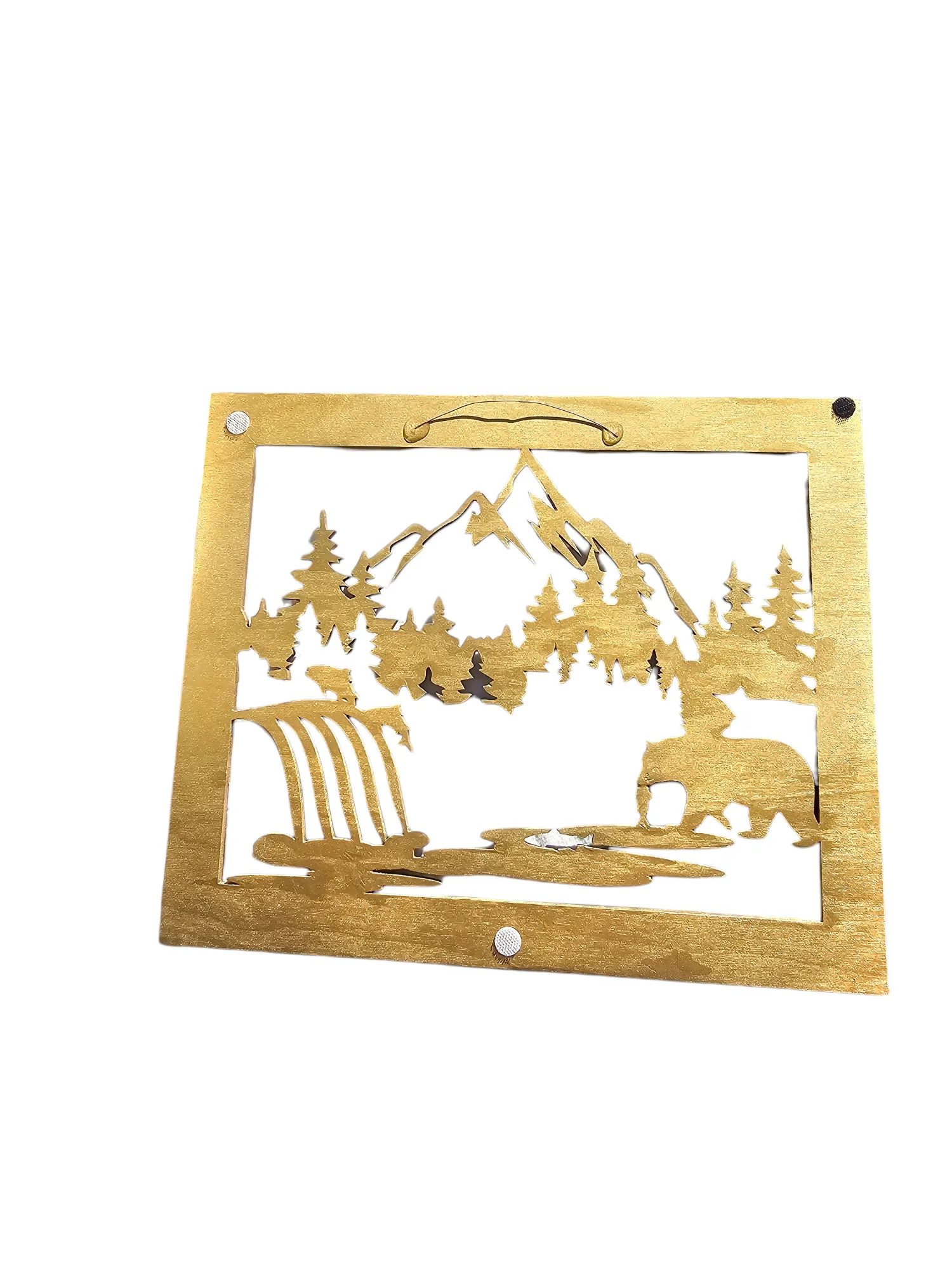 Bear at Waterfall with Salmon and Mountain Handmade Wall Decoration
