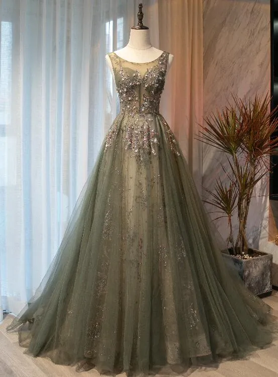 Beautiful Tulle with Applique Light Green Round Neckline Prom Dress, Low Black Long Formal Dress