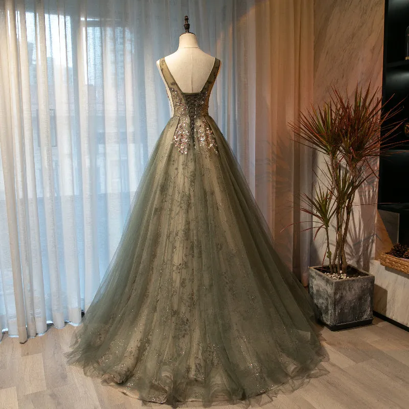 Beautiful Tulle with Applique Light Green Round Neckline Prom Dress, Low Black Long Formal Dress