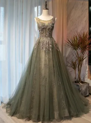Beautiful Tulle with Applique Light Green Round Neckline Prom Dress, Low Black Long Formal Dress