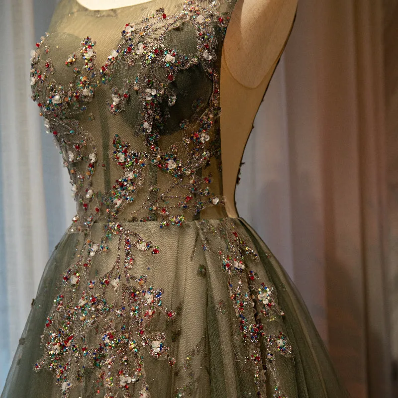 Beautiful Tulle with Applique Light Green Round Neckline Prom Dress, Low Black Long Formal Dress