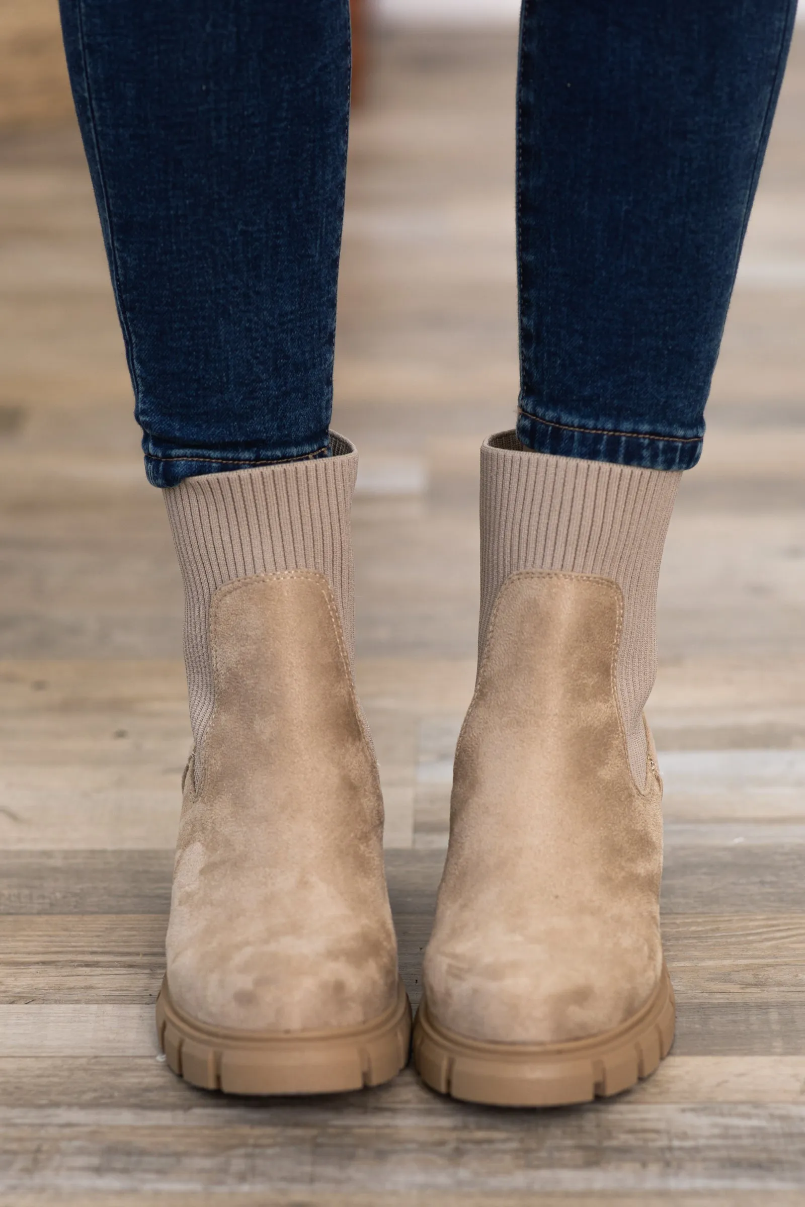 Beige Lug Sole Boots With Ribbed Trim