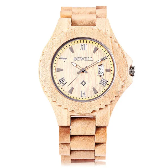 BEWELL Mens Wooden Watch with Calendar Display