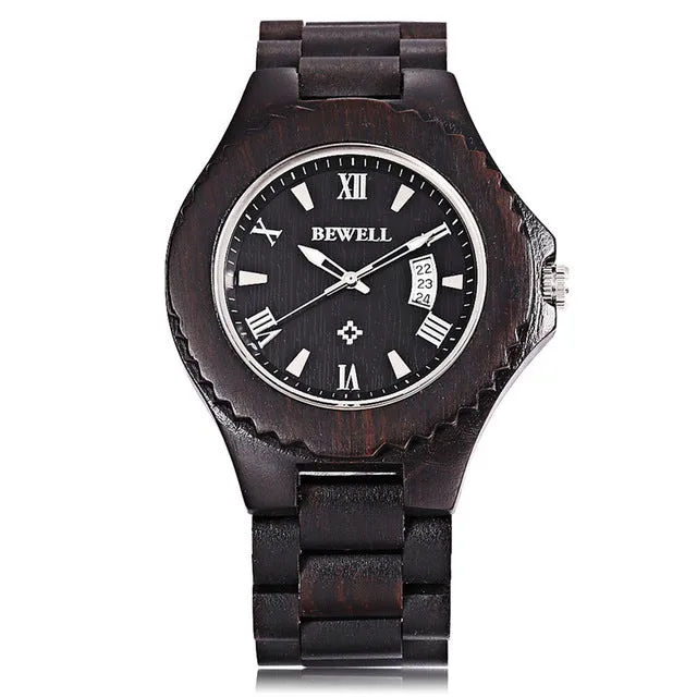 BEWELL Mens Wooden Watch with Calendar Display