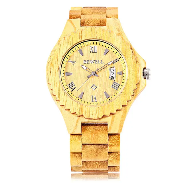 BEWELL Mens Wooden Watch with Calendar Display