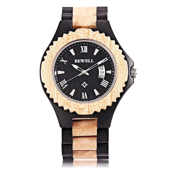 BEWELL Mens Wooden Watch with Calendar Display