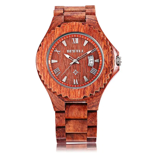 BEWELL Mens Wooden Watch with Calendar Display