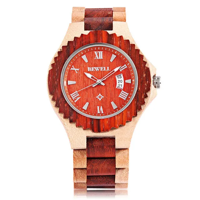 BEWELL Mens Wooden Watch with Calendar Display
