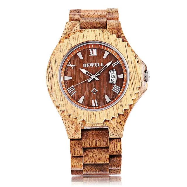 BEWELL Mens Wooden Watch with Calendar Display