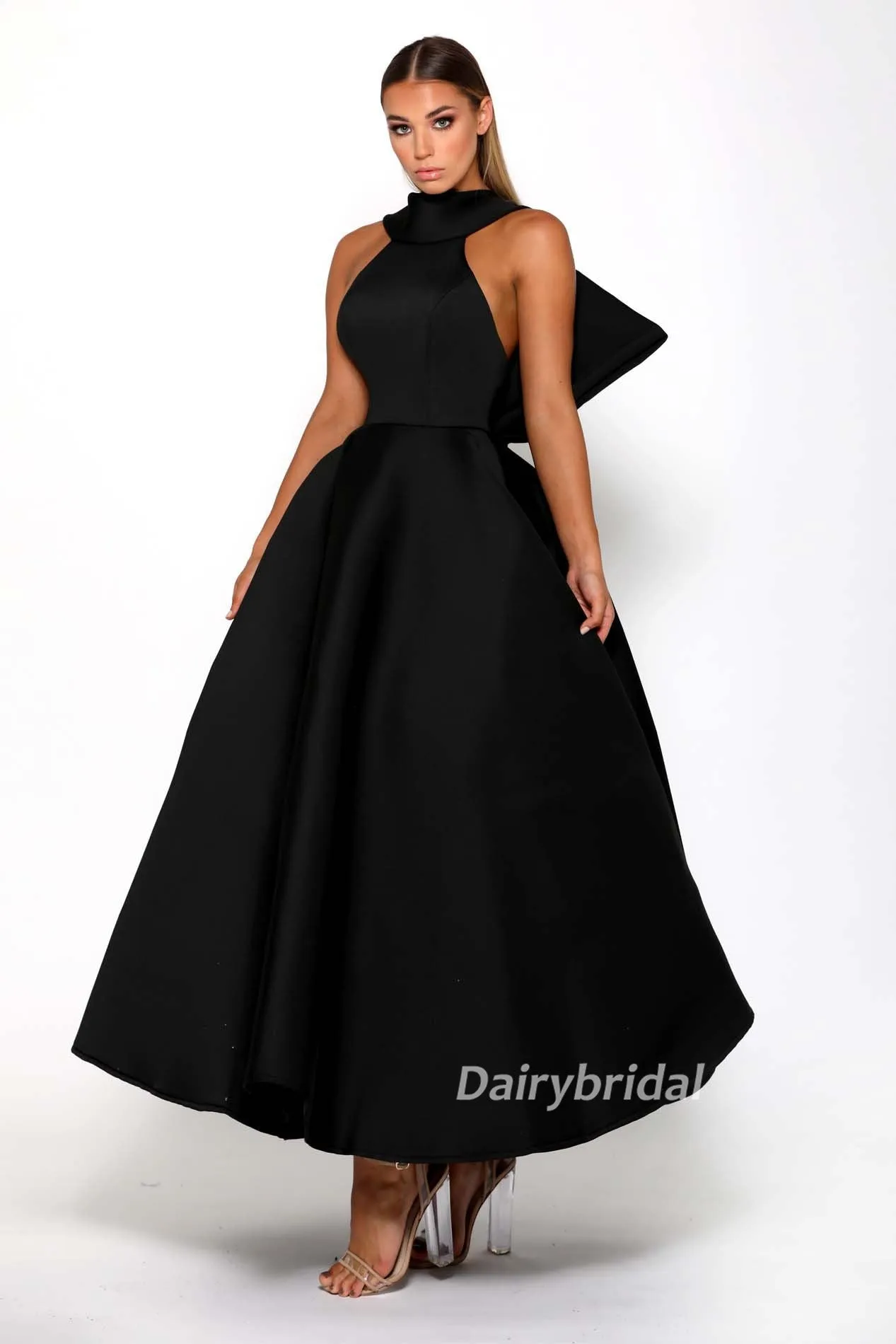 Black A-line Satin High Neck Backless Tea-Length Bridesmaid Dress, FC2267