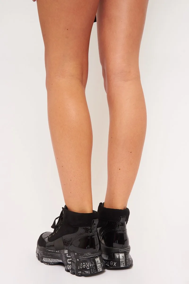 Black Faux Croc Patent Slogan Printed Sole Boots - Maddyson