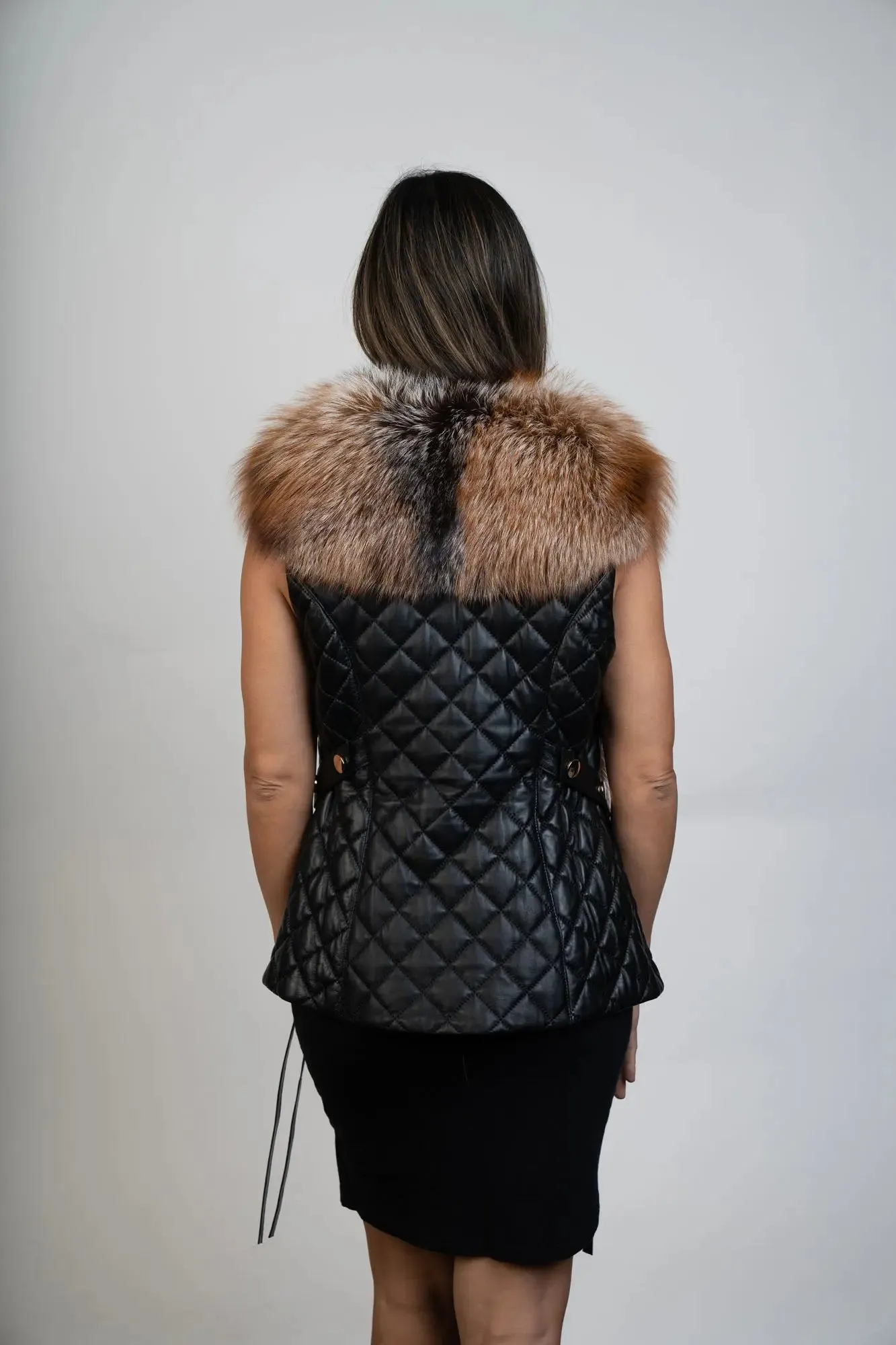 Black Leather & Silver Brown Fox Vest
