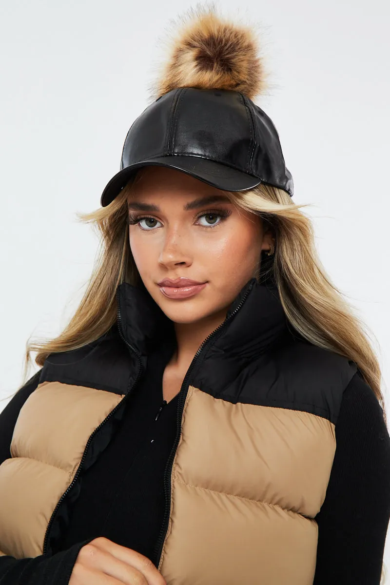 Black PU Coated Faux Fur Pom Pom Cap - Chanetell