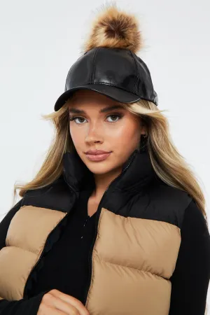 Black PU Coated Faux Fur Pom Pom Cap - Chanetell