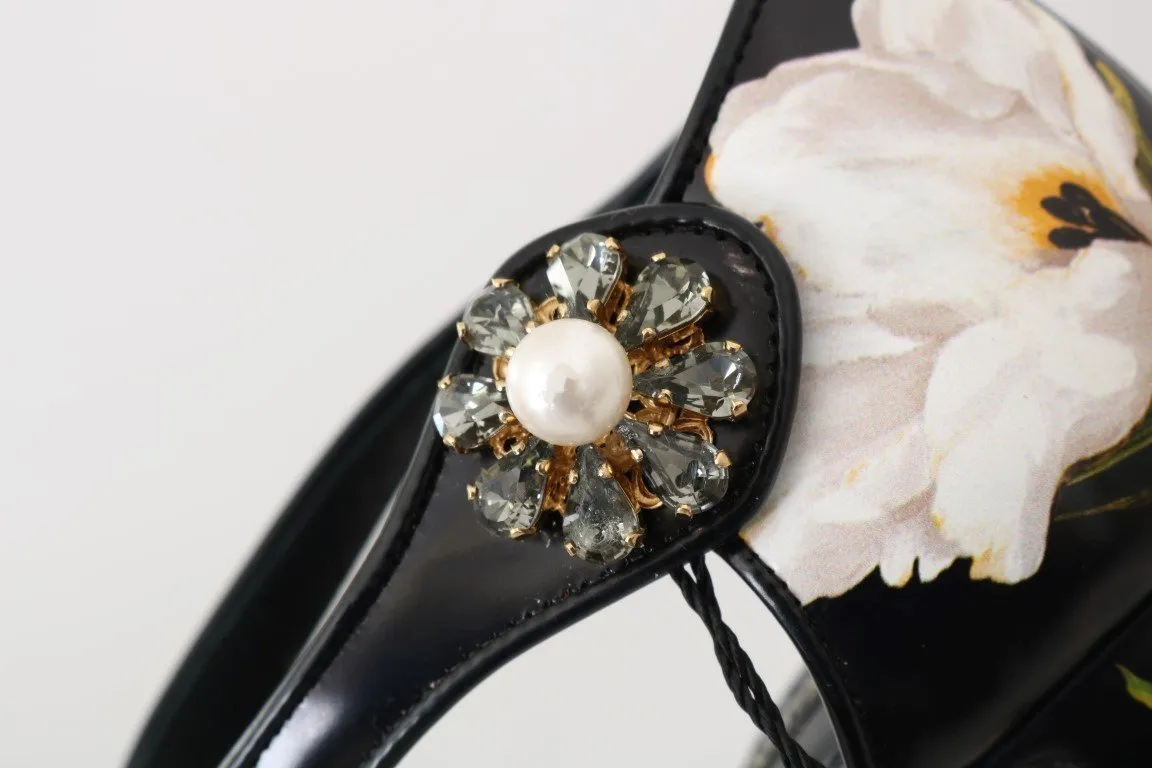 Black Tulip Leather Crystal Shoes