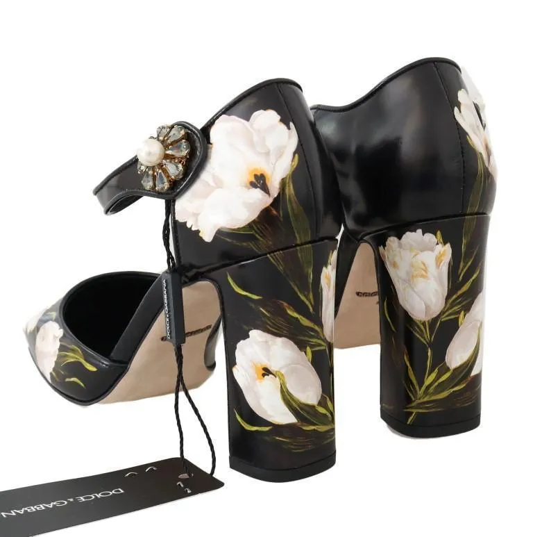 Black Tulip Leather Crystal Shoes