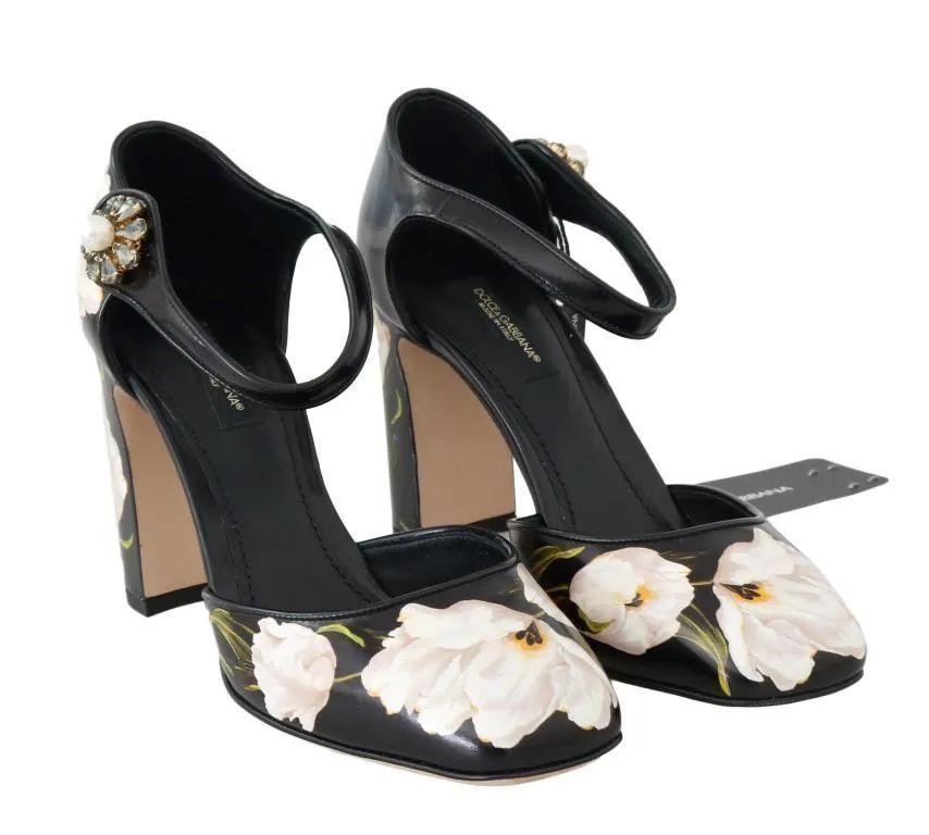 Black Tulip Leather Crystal Shoes