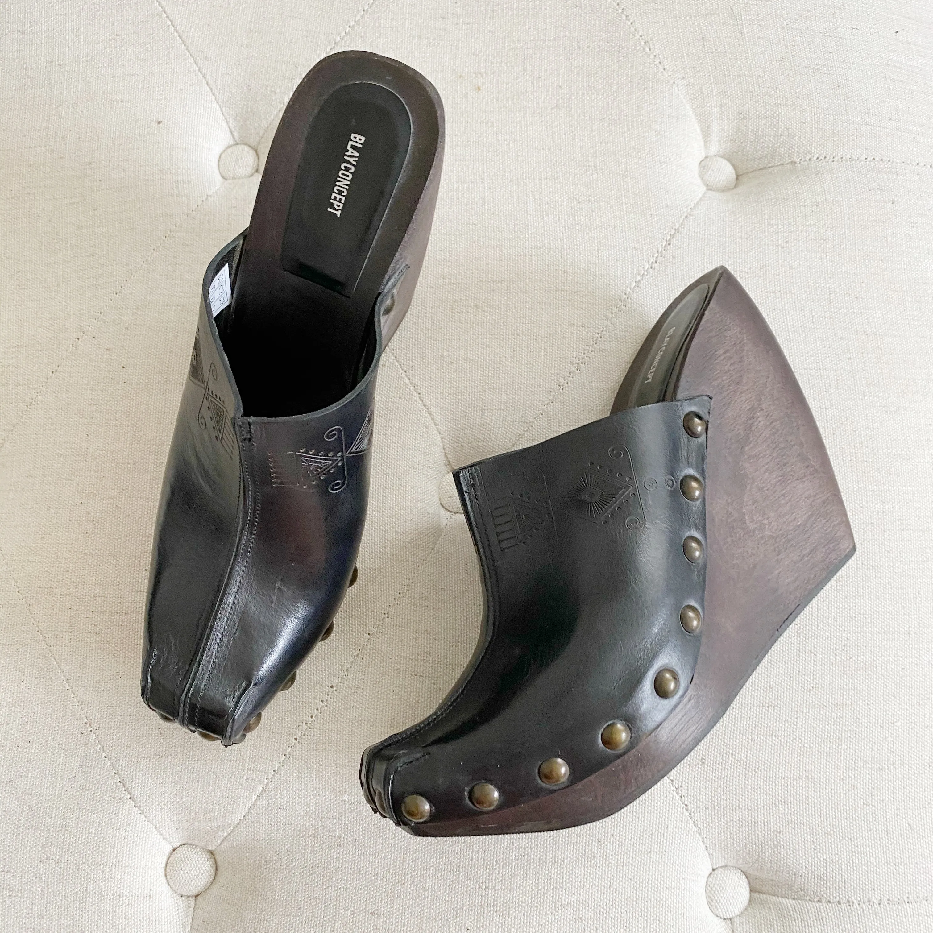 BLAY CONCEPT Vintage Platform Wooden Leather Clogs 38