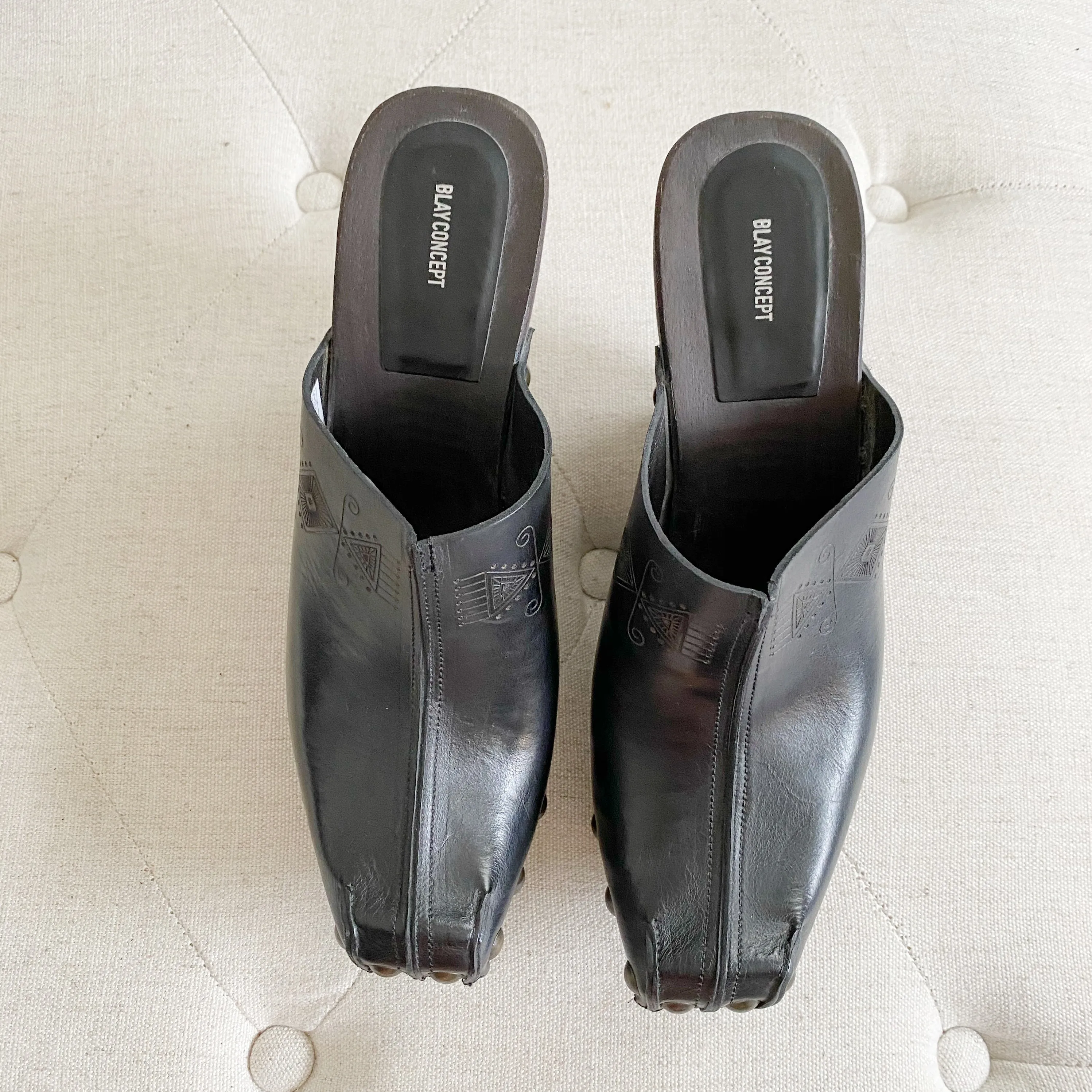 BLAY CONCEPT Vintage Platform Wooden Leather Clogs 38