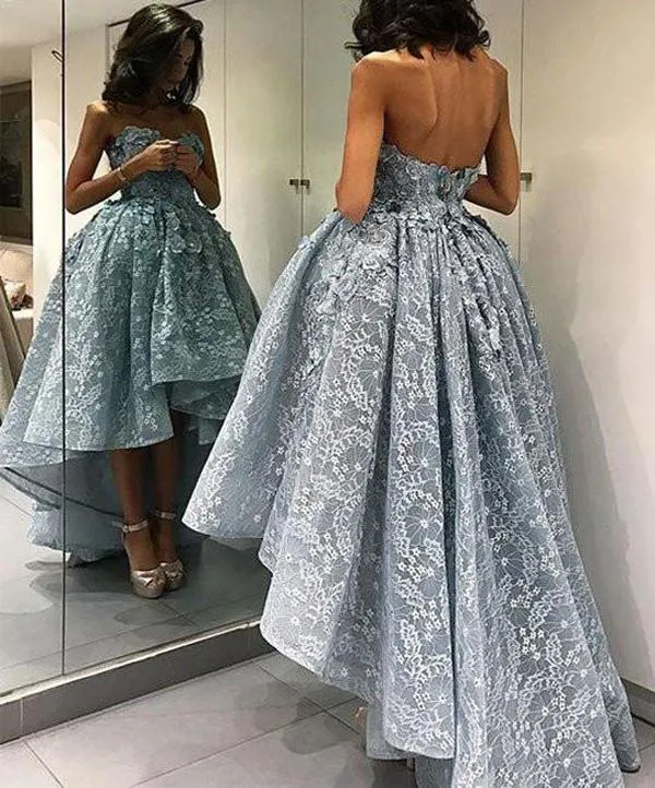 Blue Ball Gown Lace High Low Short Prom Dress, Homecoming Dress, Party Dress, MH113
