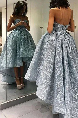 Blue Ball Gown Lace High Low Short Prom Dress, Homecoming Dress, Party Dress, MH113
