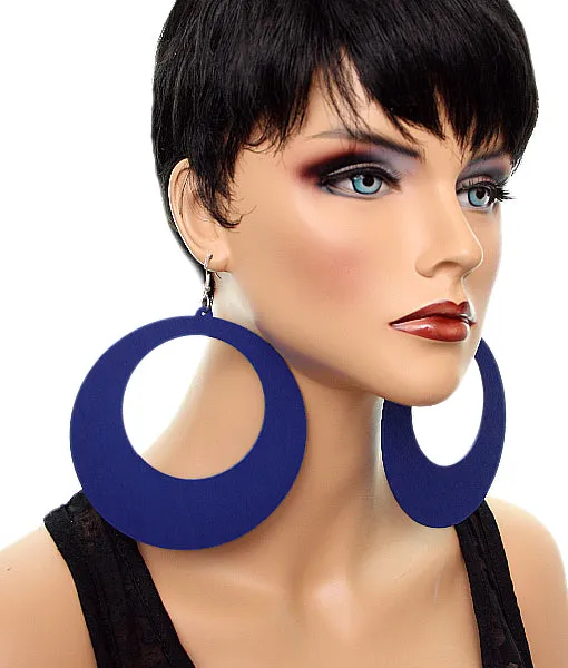 Blue Gigantic Wooden Round Hoop Earrings