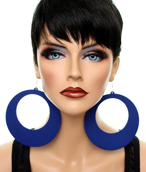 Blue Gigantic Wooden Round Hoop Earrings
