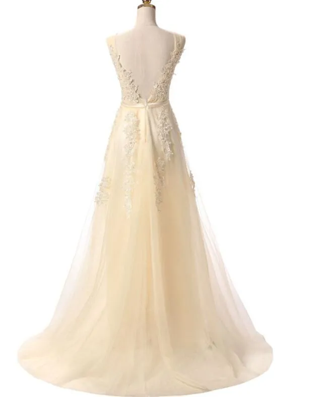 Blue Tull V-neckline Floor Length Low Back Party Dress, Blue Prom Dress Bridesmaid Dress