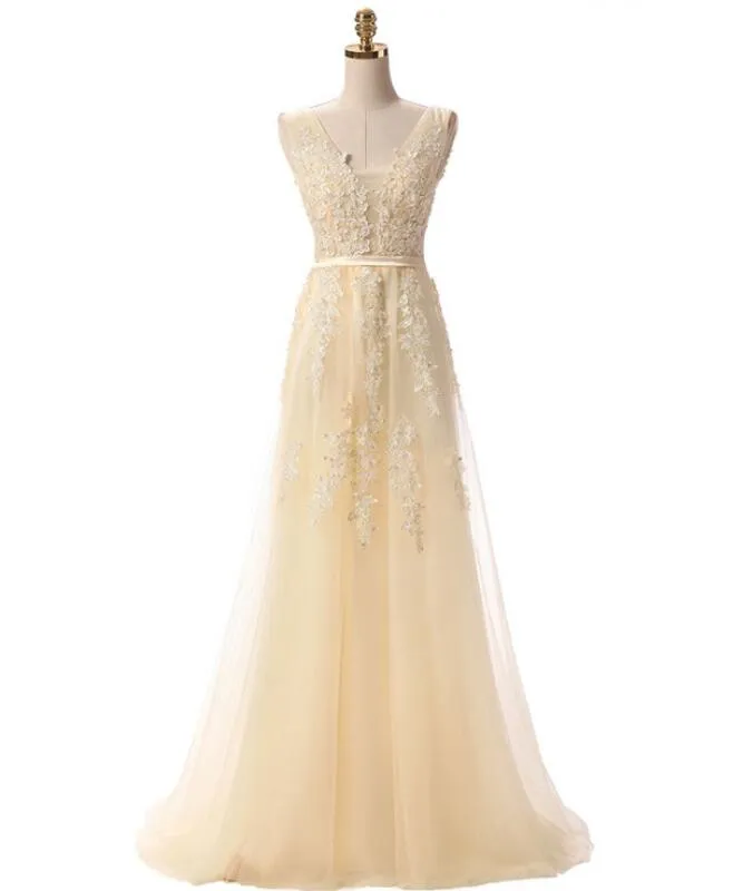 Blue Tull V-neckline Floor Length Low Back Party Dress, Blue Prom Dress Bridesmaid Dress