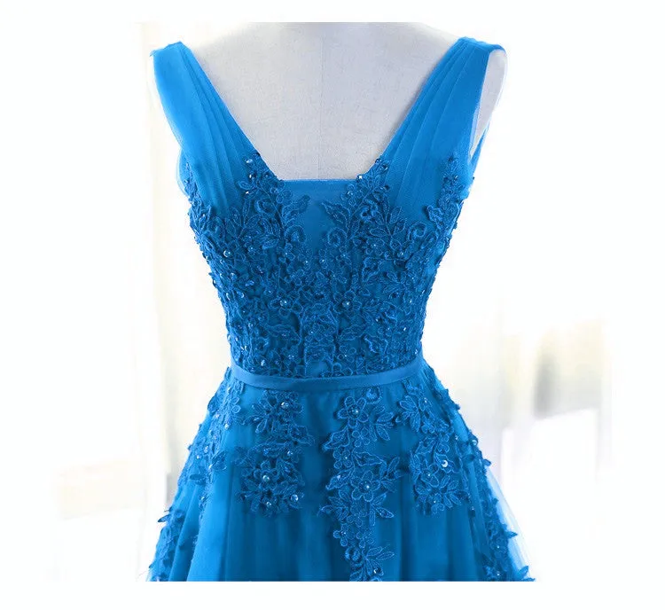 Blue Tull V-neckline Floor Length Low Back Party Dress, Blue Prom Dress Bridesmaid Dress