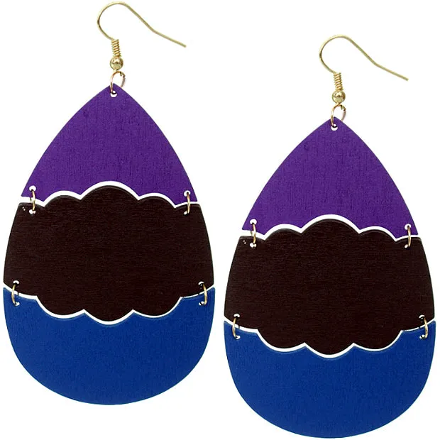 Blue Wooden Link Colorblock Teardrop Earrings