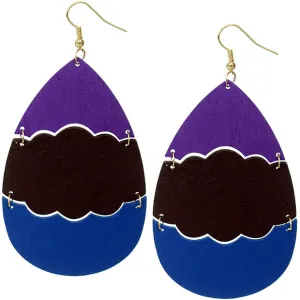 Blue Wooden Link Colorblock Teardrop Earrings