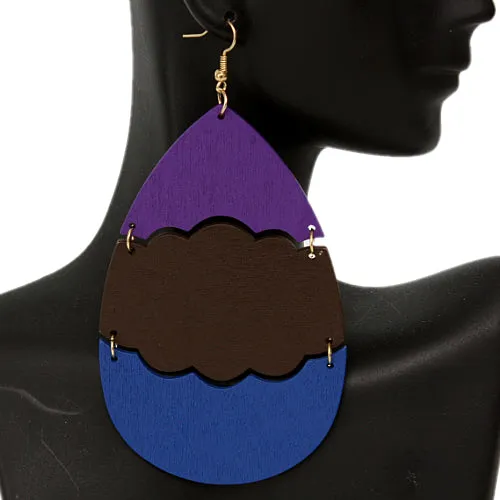 Blue Wooden Link Colorblock Teardrop Earrings