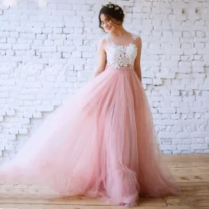 Blush Pink Lace Top Bohemian A-line Long Prom Dress, PD3362