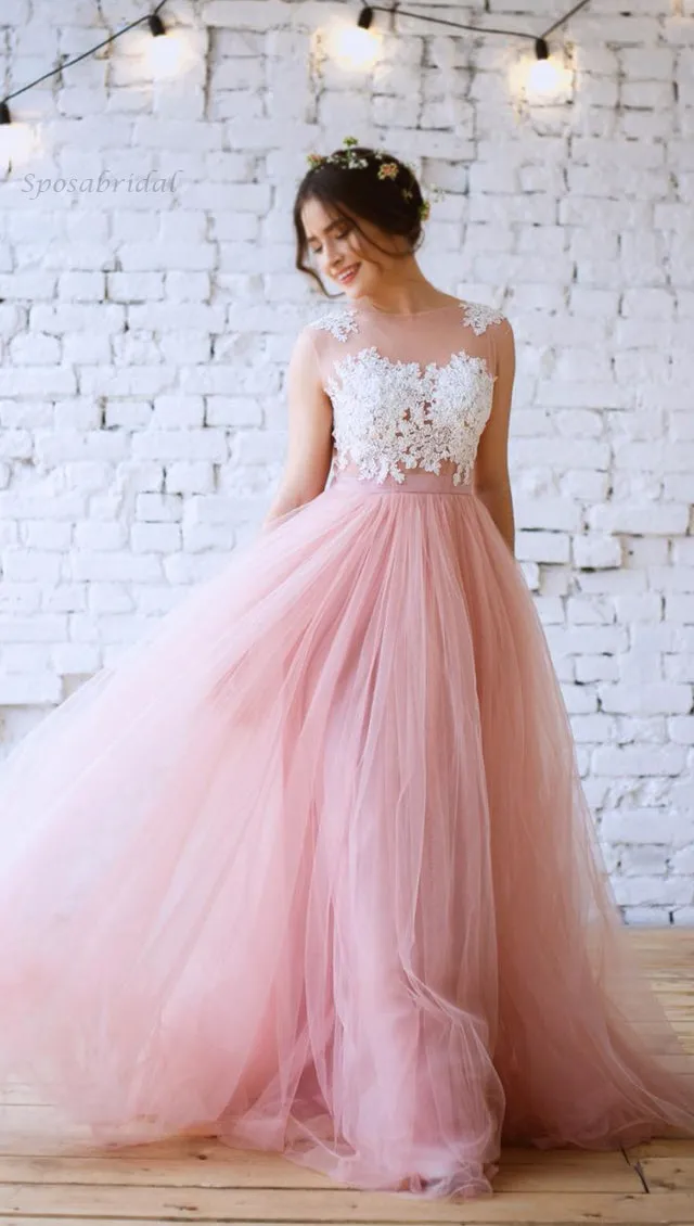 Blush Pink Lace Top Bohemian A-line Long Prom Dress, PD3362