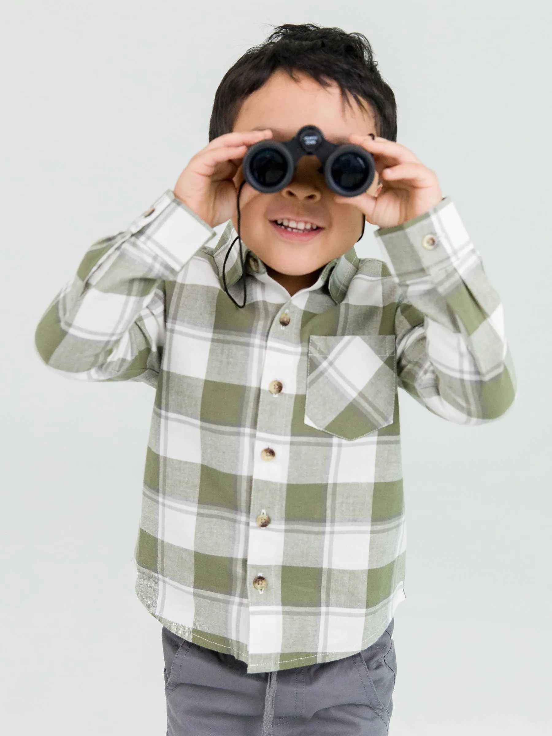 Boys Dusty Olive Plaid Flannel Long Sleeve Button Down Shirt
