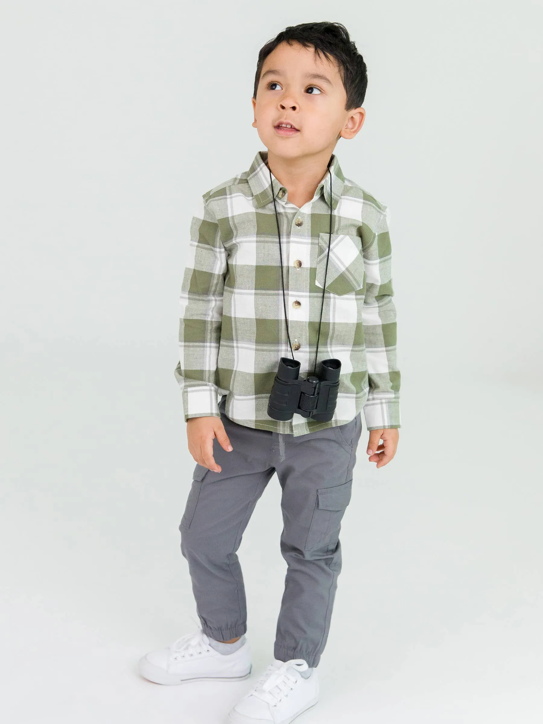 Boys Dusty Olive Plaid Flannel Long Sleeve Button Down Shirt