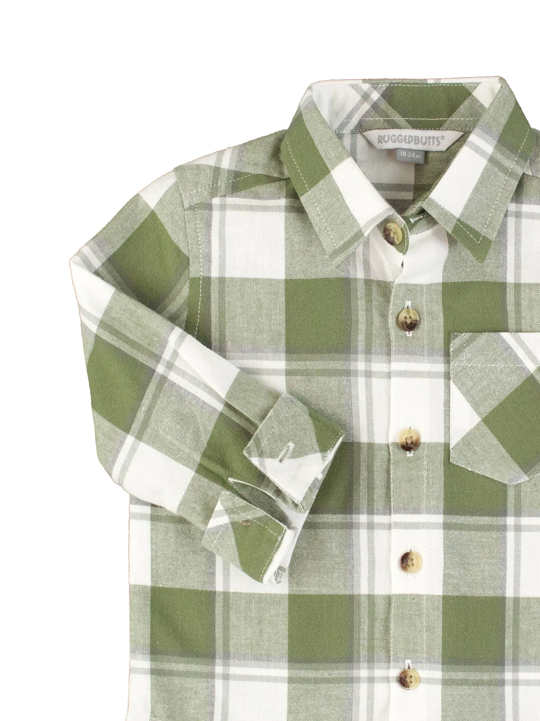 Boys Dusty Olive Plaid Flannel Long Sleeve Button Down Shirt